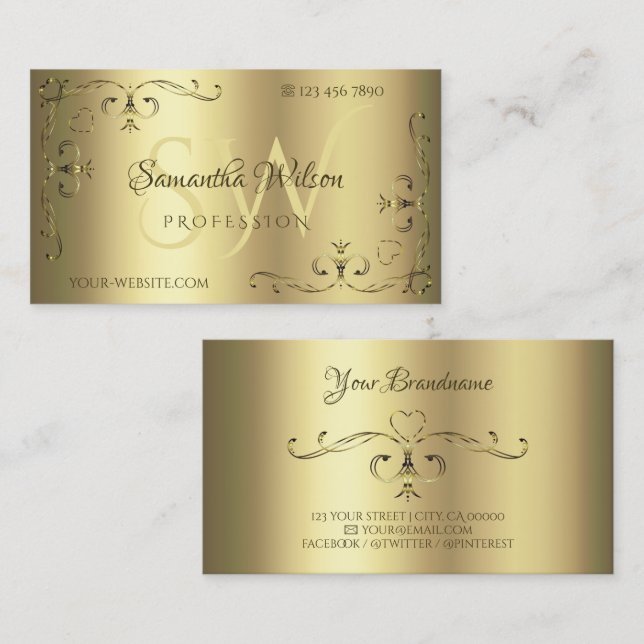 Cartão De Visita Cantos do Ornamentado de Ouro luxuoso com Iniciais (Frente/Verso)