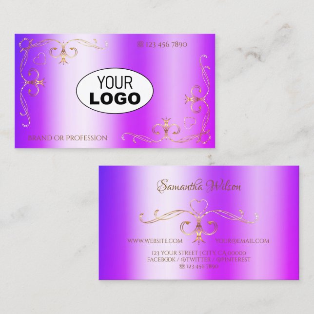 Cartão De Visita Cantos do Ornamentado Dourado com Shimmery azul-ro (Frente/Verso)