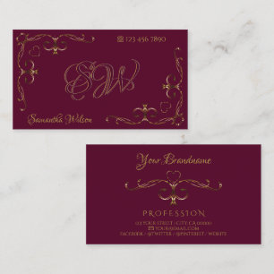 Cartão De Visita Cantos do Ornamentado Dourado Elegante Borgonha co