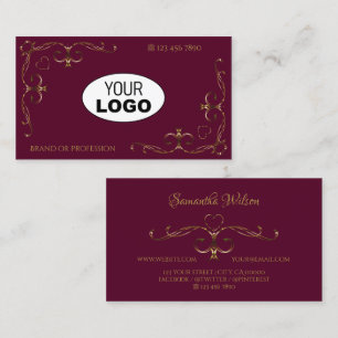 Cartão De Visita Cantos do Ornamentado Dourado Elegante com Borgonh