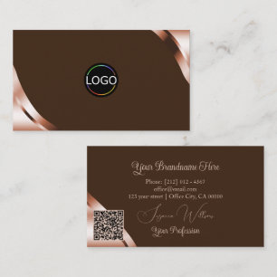 Cartão De Visita Cantos em Rosa Dourado Café Marrom com Código QR d