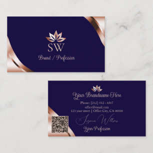 Cartão De Visita Cantos em Rose Gold Azul Profundo com Código QR Mo