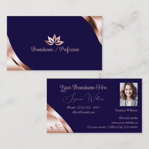 Cartão De Visita Cantos em Rose Gold Azul Profundo com Pétalas e Fo