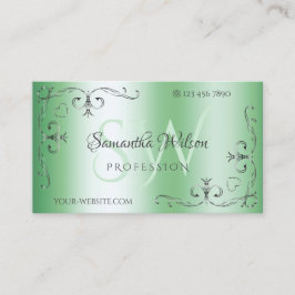 Cartão De Visita Cantos prateados de Ornamentado Verde Luminosos co