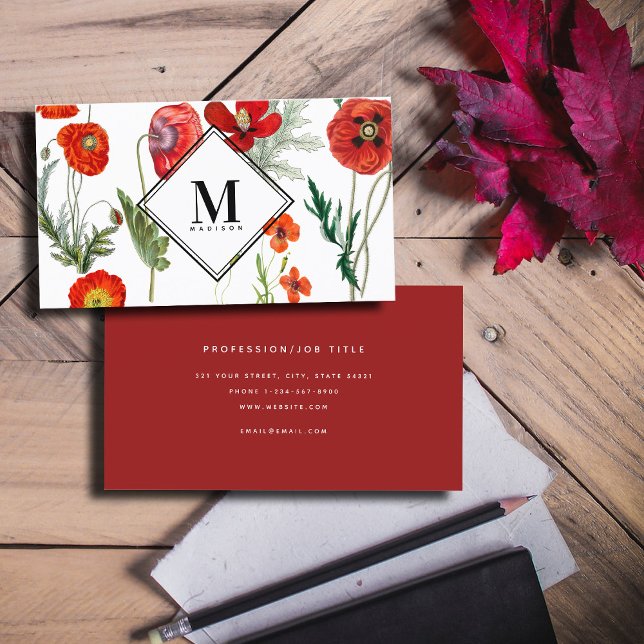 Cartão De Visita Cápsulas vermelhas Florais Profissionais (Red Watercolor Poppies Florals Professional Business Card)