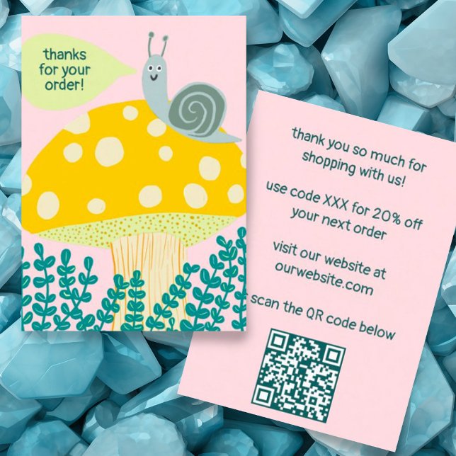 Cartão De Visita Caracol Obrigados de pedido personalizados de sala (Cute business card thank you for your order with snail and mushroom, custom QR code, discount code)