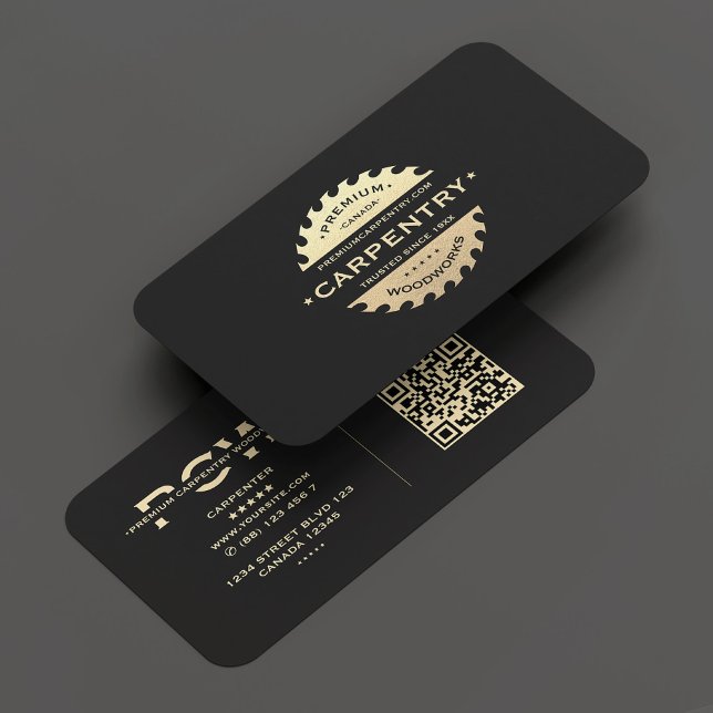 Cartão De Visita Carpinteiro Carpentry Woodwork Black Dourado Moder (Carpenter Carpentry Woodwork Black Gold Modern Business Card)