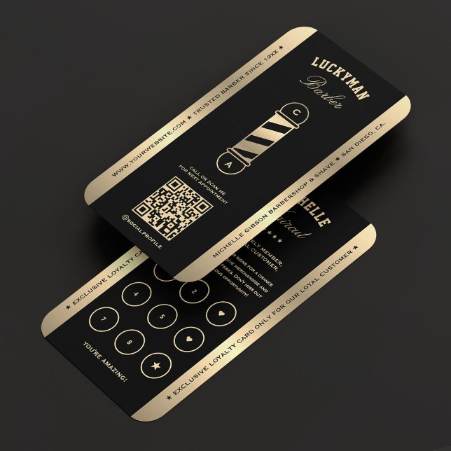 Cartão De Visita Carro Dourado de Lealdade de barbearia Black Faux (Barbershop Black Gold Pole Barber Loyalty Card
)