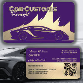 Cartão De Visita Carro Luxuoso Moderno Roxo e Dourado estilo gravad