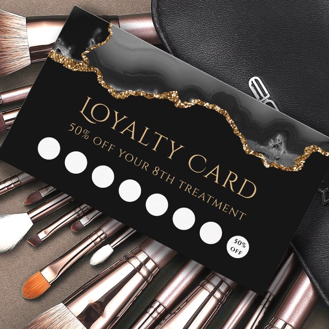 Cartão De Visita cartão-fidelidade preto e dourado agate (Criador carregado)