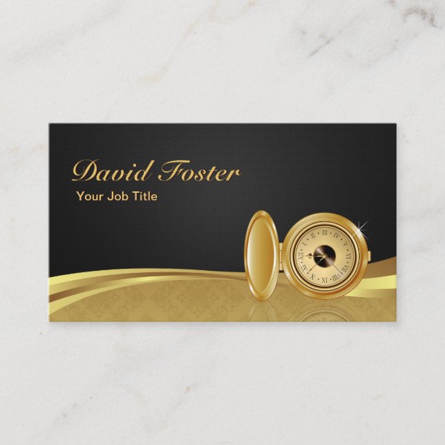 Cartão De Visita Cartaz antigo com relógio preto Dourado e legenda (Frente)
