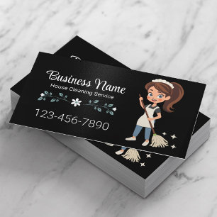 Cartão De Visita Cartoon Bonito Maid House Clearing Service Black