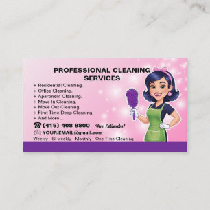 Cartão De Visita Cartoon Brunette Maid House Clearing Service