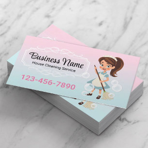 Cartão De Visita Cartoon Maid Clearing Service Pastel Pink Blue