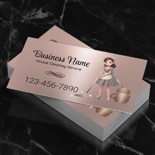 Cartão De Visita Cartoon Maid House Clearing Service Rosa Dourado