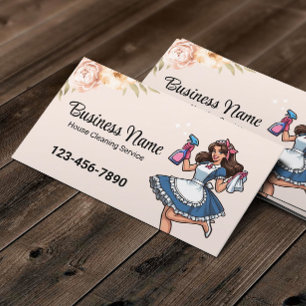 Cartão De Visita Cartoon Maid House Serviço de Limpeza Pastel Flora