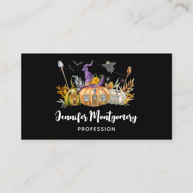 Cartão De Visita Casa de Abóbora Assombrada com Fantasma e Morcegos (Frente)