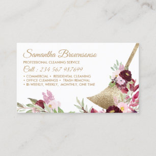 Cartão De Visita Casa de Limpeza Maid Espumante Dourado Rosa Floral