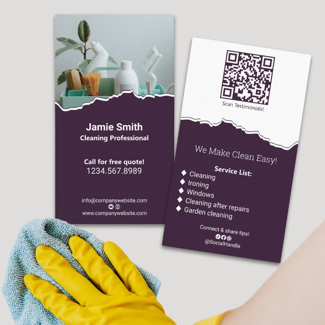 Cartão De Visita Casa Profissional Limpando Púrpura Branco (Professional House Cleaning Purple White Business Card - Portrait - Image - QR code - List)