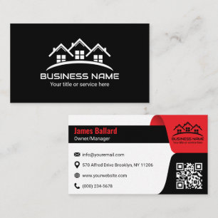 Cartão De Visita Casa Telhado Preto Vermelho Logotipo Imobiliária
