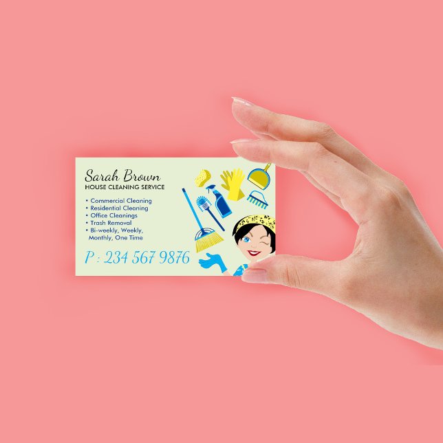 Cartão De Visita Casa Verde Limpando Janitorial Glove Apron Maid (Green House Cleaning Janitorial Gloved Apron Maid Business Card)