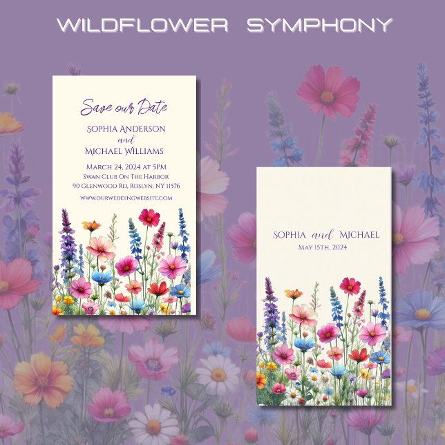 Cartão De Visita Casamento da Sinfonia de Flores Selvagens - Salve  (Wildflower Symphony Wedding Save the Date-Colorful, Rustic, Country, Bohemian, Elegant)