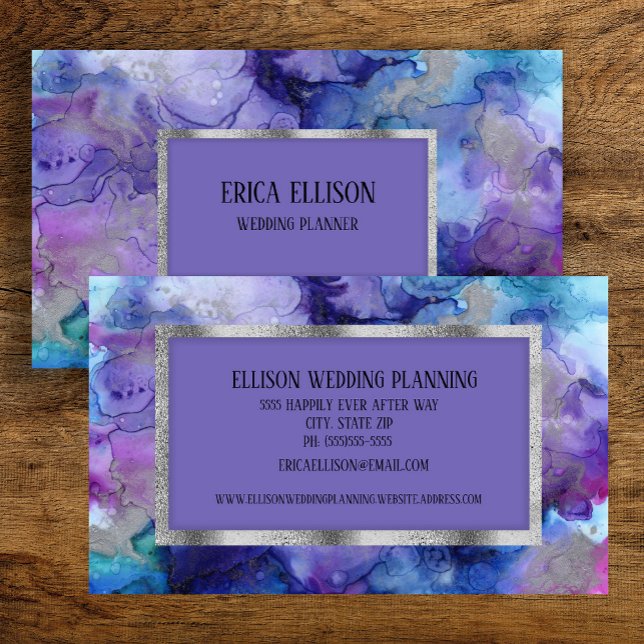 Cartão De Visita Casamento de Prata Azul Roxo Elegante Moderno (Elegant blue and purple watercolor business card)