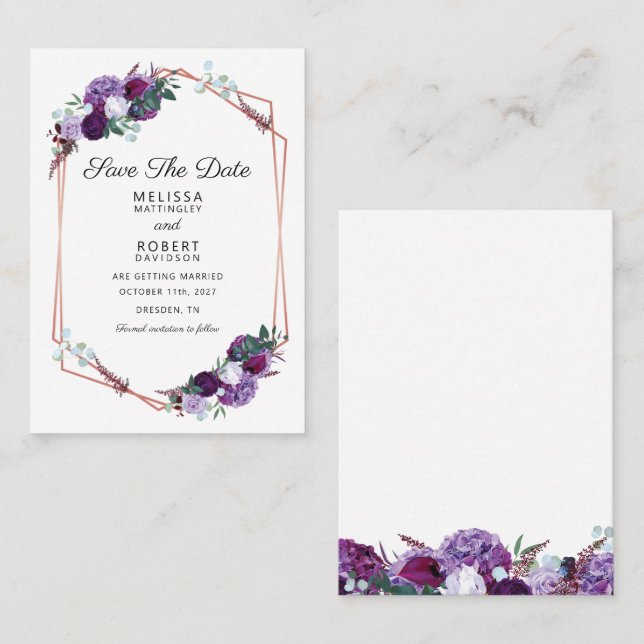 Cartão De Visita Casamento Elegante Floral Roxo Salve a Data (Frente/Verso)