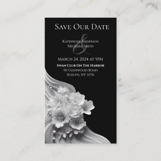 Cartão De Visita Casamento Floral Moderno - Preto e Branco (Frente)