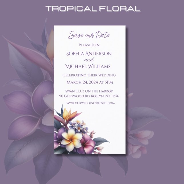 Cartão De Visita Casamento Floral Tropical - Salve a data - (Tropical Floral Wedding Save the Date-Beach wedding-Coastal-Purple)