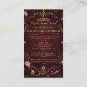 Cartão De Visita Casamento Floral Vintage Elegante em Borgonha e Do
