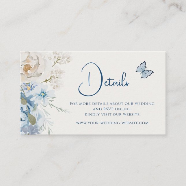 Cartão De Visita Casamento Romântico Dusty Blue Floral Detalhes (Frente)