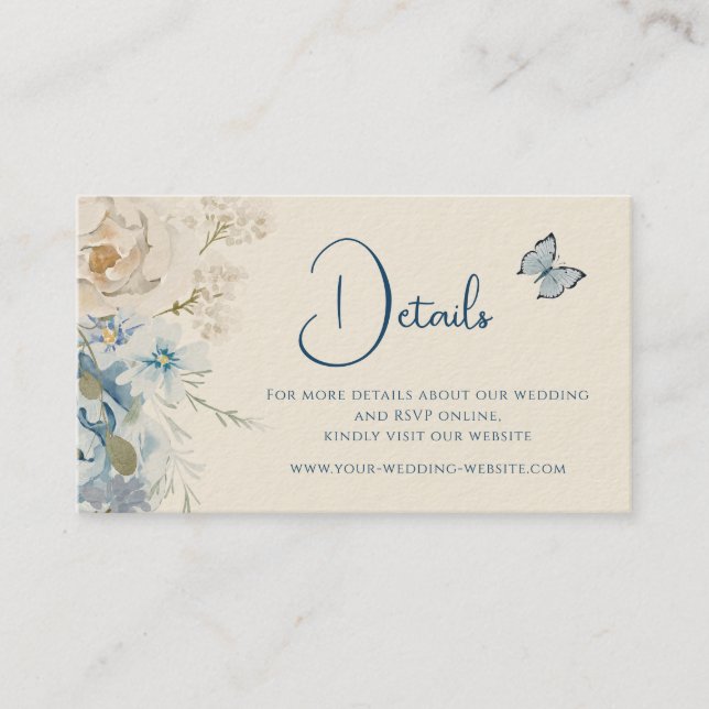 Cartão De Visita Casamento Romântico Dusty Blue Floral Detalhes (Frente)