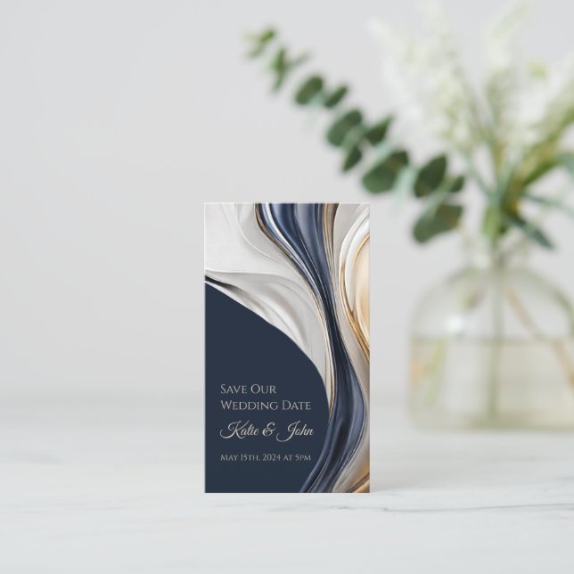 Cartão De Visita Casamento Salve nossa Data - Azul Moderno Branco e (Em pé/Frente)