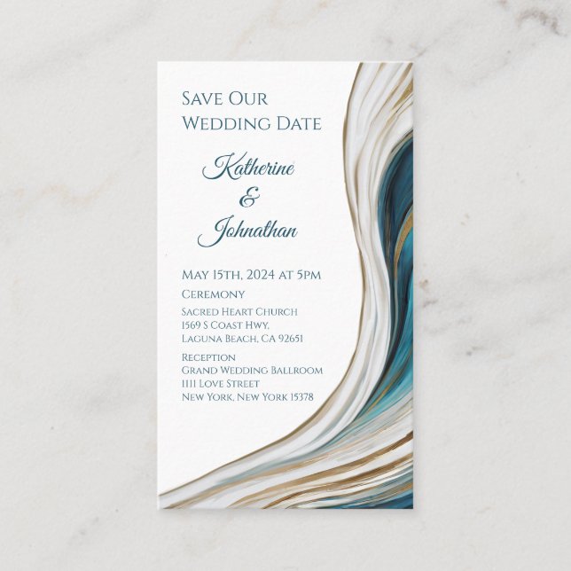 Cartão De Visita Casamento Salve nossa Data - Azul Moderno e Dourad (Frente)