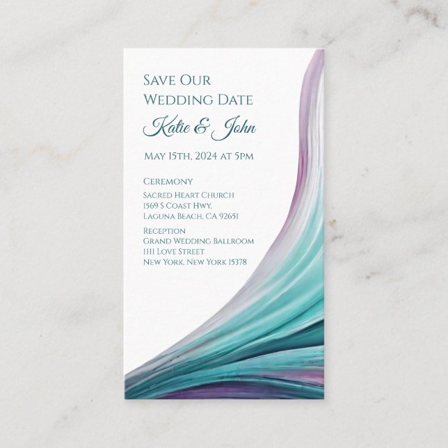 Cartão De Visita Casamento Salve nossa Data - Moderno Roxo e Teal- (Frente)