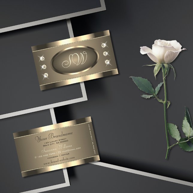 Cartão De Visita Castanho Dourado luxuoso com Pedras e Iniciais de  (Criador carregado)