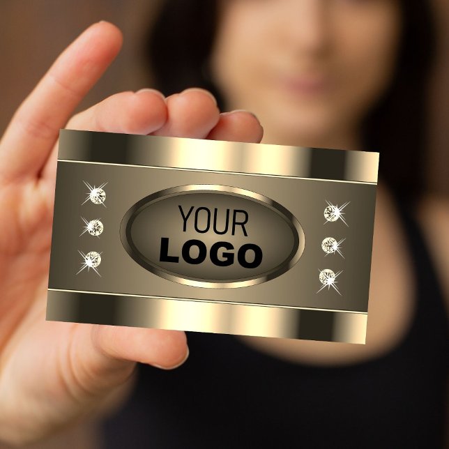 Cartão De Visita Castanho Dourado luxuoso com Pedras e Logótipo (Criador carregado)