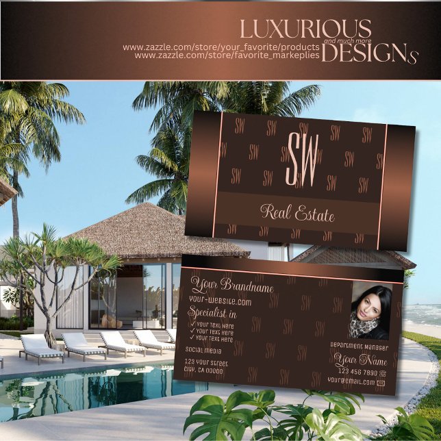 Cartão De Visita Castanho Elegante com Padrão de Monograma de Foto  (Criador carregado)