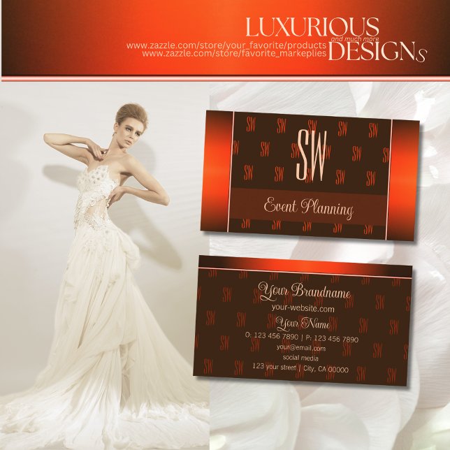 Cartão De Visita Castanho Laranja com Padrão Monograma Profissional (Criador carregado)