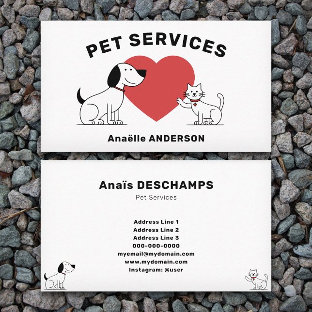 Cartão De Visita Cat, Cachorro e Coração - Serviços Pet (Cat, Dog & Heart - Pet Services Business Card)