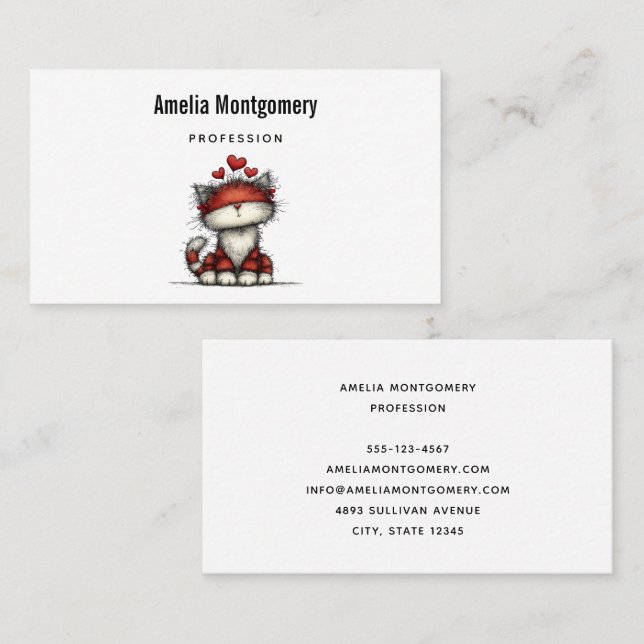 Cartão De Visita Cat with Red Love Hearts Cute and Funny (Frente/Verso)