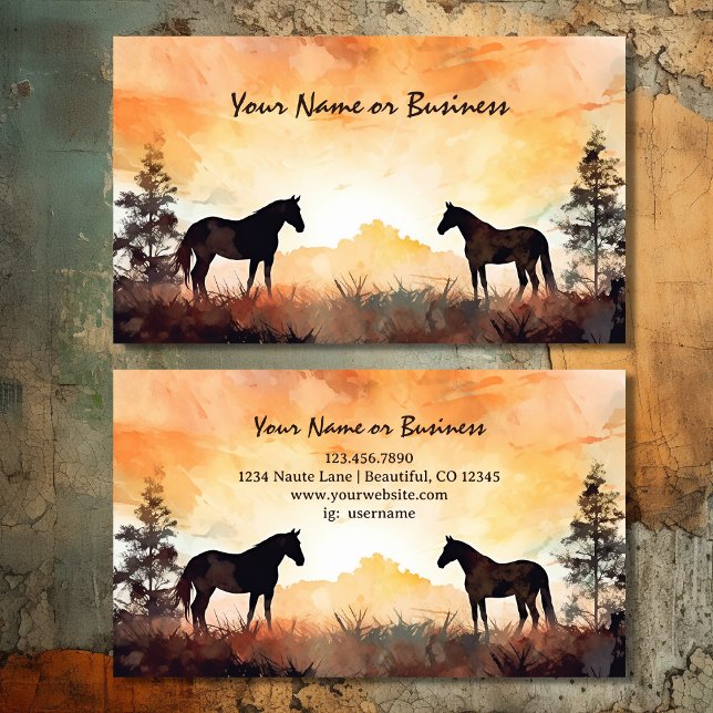 Cartão De Visita Cavalos de Aquarela no Campo | Belo Cavalo (Front and Back - Beautiful Watercolor Silhouette Horses in Field Business Card)