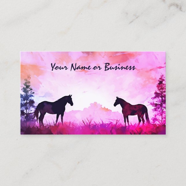 Cartão De Visita Cavalos Silhuetas de Aquarela no Campo (Frente)