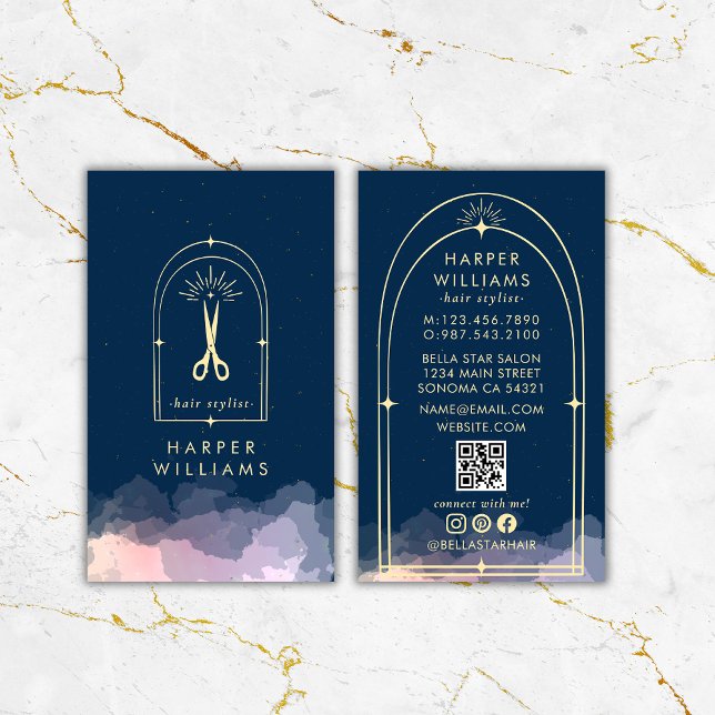 Cartão De Visita Celestial Stars Tarot Hair Stylist Salon QR Code (Criador carregado)