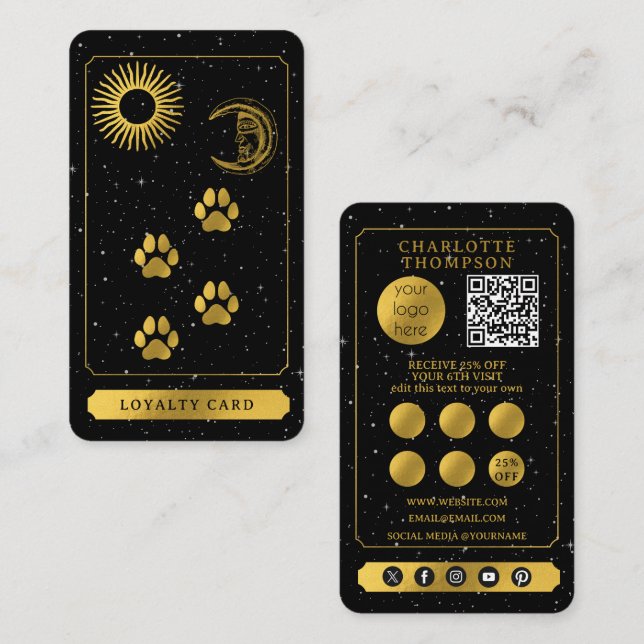Cartão De Visita Celestial Tarot Dog Grooming Black Gold Thank You (Frente/Verso)