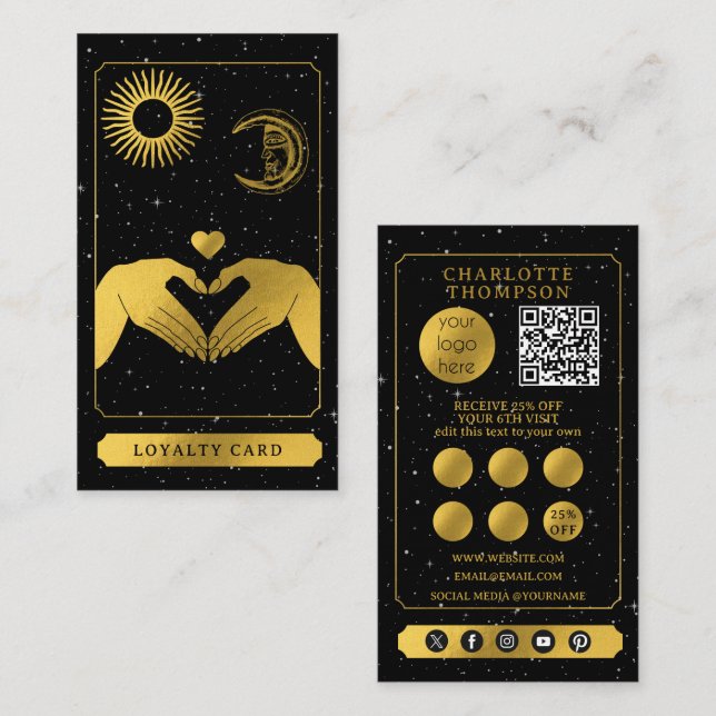 Cartão De Visita Celestial Tarot Hairdresser Negro Dourado Obrigado (Frente/Verso)
