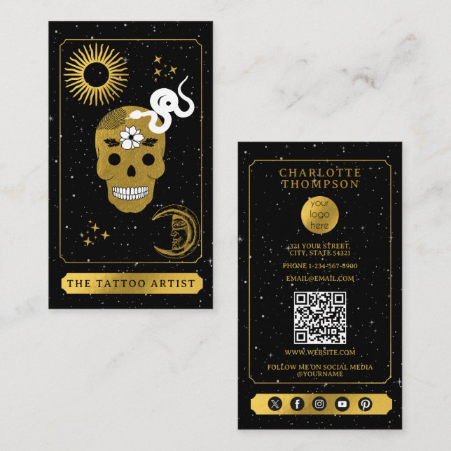 Cartão De Visita Celestial Tarot Logo Tattoo Artist Black Gold  (Frente/Verso)
