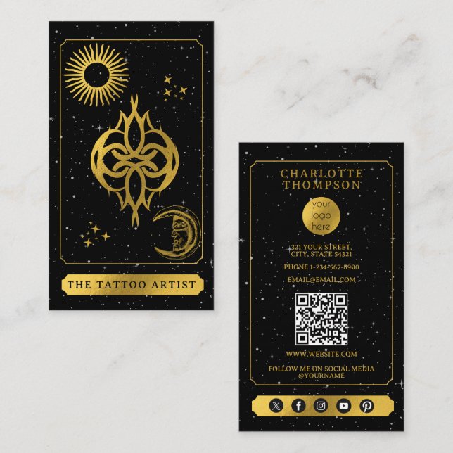 Cartão De Visita Celestial Tarot Logo Tattoo Artist Black Gold  (Frente/Verso)