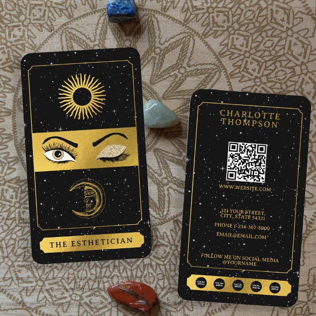 Cartão De Visita Celestial Tarot Sun Moon Makeup Artista Negro Dour (Celestial Tarot Sun Moon Makeup Artist Black Gold Business Card)